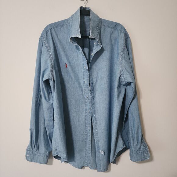 Vtg Ralph Lauren Mens Cotton Long Sleeve Button Shirt Distressed Denim Blue XXL - Picture 4 of 9